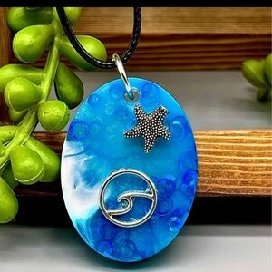 Swirl White Blue Ocean Beach Water Silver Star Wave Charm Necklace